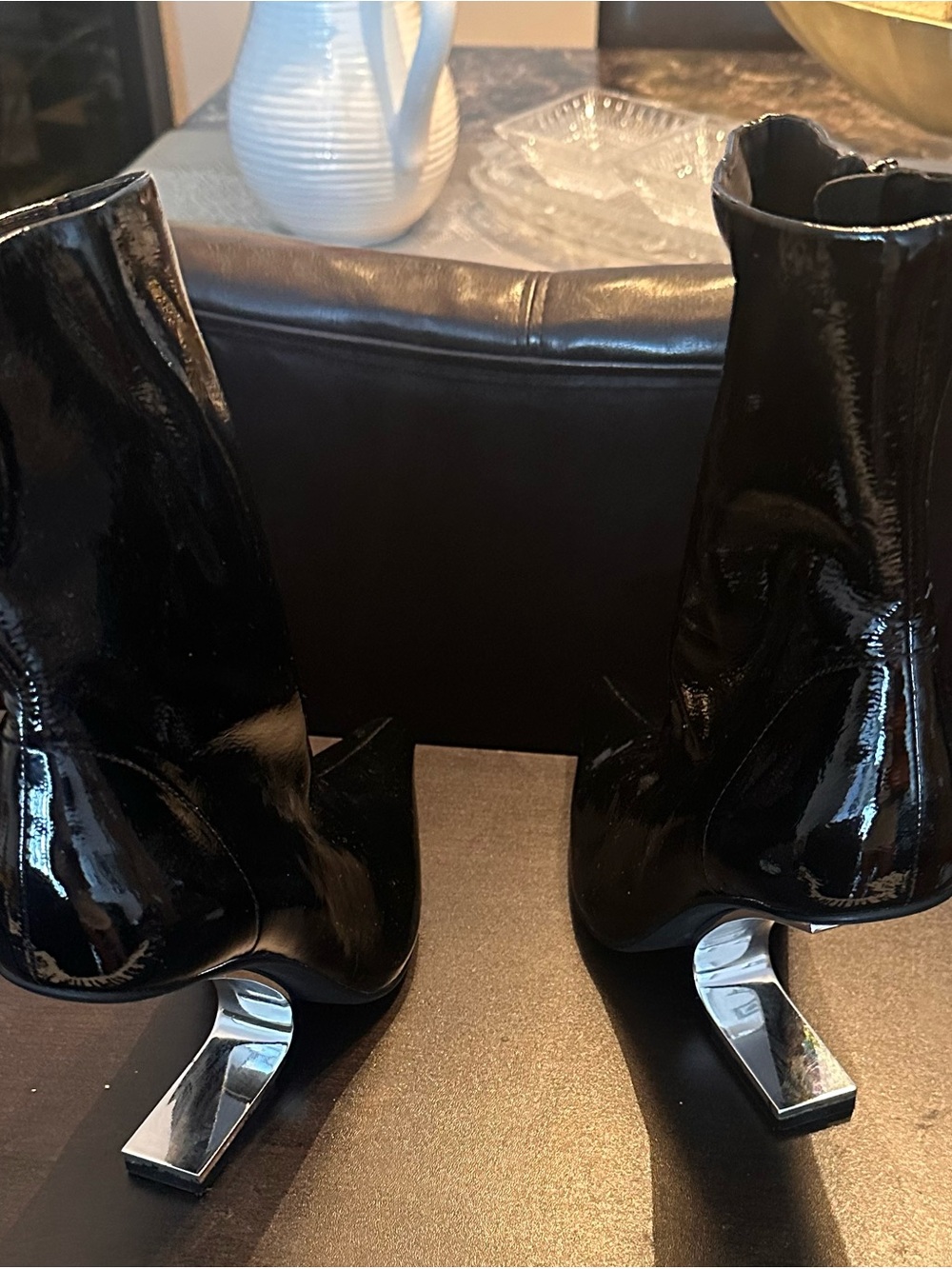 Jeffrey Campbell Black Patent Ankle Boots with Silver Block Heels